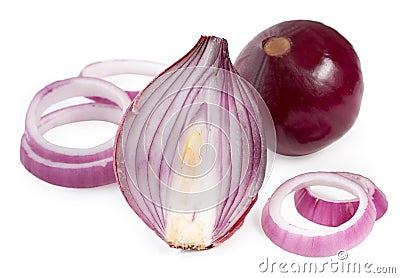 Ring slices and bulb and a half of red onion, isolated on a white background Stock Photo