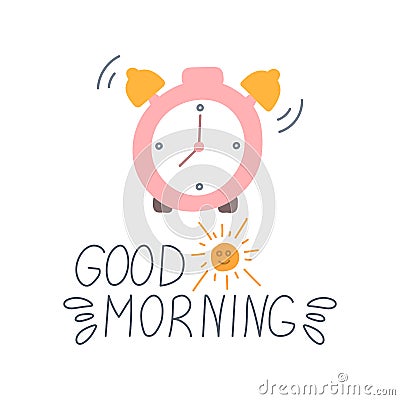 Ringing alarm clock with hand inscription Good morning, vector illustration in flat style Vector Illustration