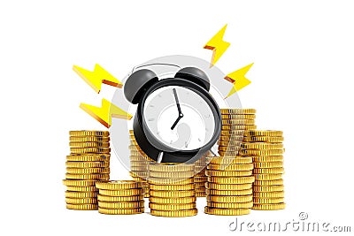 Ringing alarm clock with stack of coin, money saving, dead line tax time reminder, 3D rendering Stock Photo