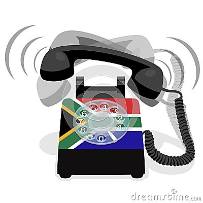 Ringing black stationary phone with rotary dial and flag of Republic of South Africa Vector Illustration