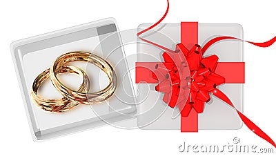 Rings golden marriage marry gift box open empty to put your gift or text top view red ribbon flower red whte background - 3d Stock Photo