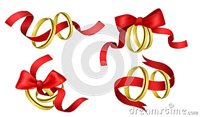 Rings with ribbons. Realistic 3d golden tradition wedding pair rings, yellow metal, red satiny tapes with bows Vector Illustration