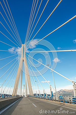 The Rio-Antirrio Bridge, officially the Charilaos Trikoupis Bridge, longest multi-span cable-stayed bridge. Stock Photo