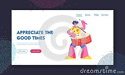 Rio Carnival Entertainment Show Website Landing Page. Drummer Playing Drums. Talented Musician Character Vector Illustration