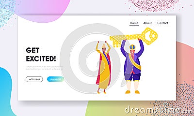 Rio Carnival King Holding Huge Golden Key above Head Landing Page. Brazilian Girl Dancer Posing in Colorful Dress Vector Illustration