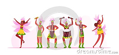 Rio Carnival Musicians Band and Girls Dancers Isolated on White Background. Young Men Playing Drums Vector Illustration