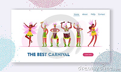 Rio Carnival Musicians Band and Girls Dancers Website Landing Page. Young Men Artists Playing Drums, Women Dance Vector Illustration