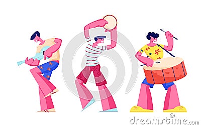 Rio Carnival Musicians Isolated on White Background. Young Men Playing Drums and Ukulele during Traditional Festival Vector Illustration