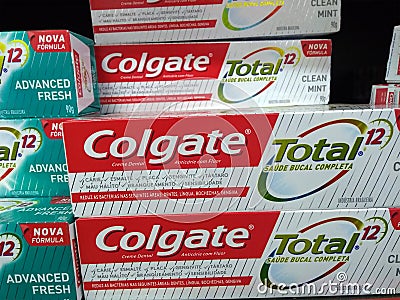 RIO DE JANEIRO, BRAZIL - DECEMBER 27, 2019: Colgate, a brand of oral care products on the supermarket shelf Editorial Stock Photo