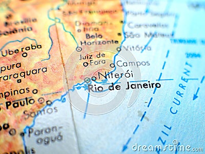 Rio de Janeiro Brazil focus macro shot on globe map for travel blogs, social media, website banners and backgrounds. Stock Photo