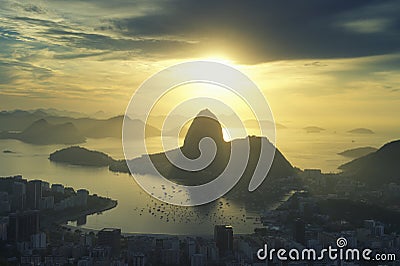Rio de Janeiro Brazil Golden Sunrise Sugarloaf Mountain Stock Photo