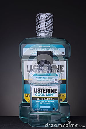 RIO DE JANEIRO, BRAZIL - Mar 21, 2020: Small and large bottle of Listerine Editorial Stock Photo