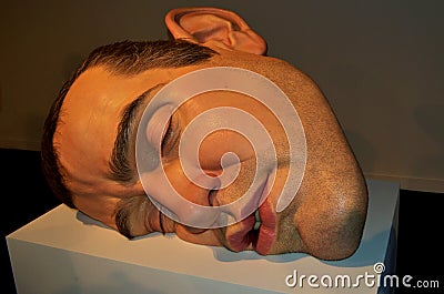 Rio de Janeiro, Brazil - March 30, 2014: Mask II, a sculpture by the Australian hyperrealist sculptor, Ron Mueck, at the Museum of Editorial Stock Photo