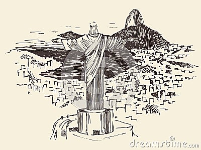 Rio de Janeiro City, Brazil Engraved Illustration Vector Illustration