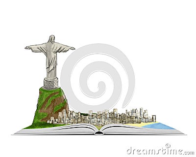 Rio de Janeiro and statue of Christ the Redeemer on an open book hand drawn illustration Cartoon Illustration