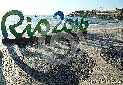 Rio 2016 sign at Copacabana Beach in Rio de Janeiro Editorial Stock Photo