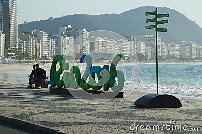 Rio 2016 sign at Copacabana Beach in Rio de Janeiro Editorial Stock Photo