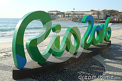 Rio 2016 sign at Copacabana Beach in Rio de Janeiro Editorial Stock Photo