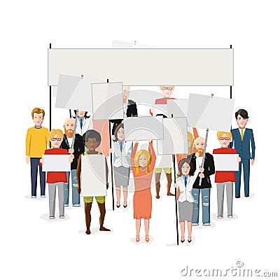 Riot demonstration, crowd of people with empty posters, flat illustration on white Cartoon Illustration