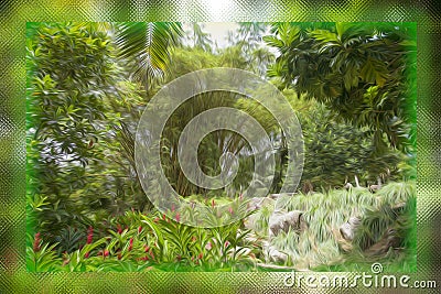 A riot of greenery blurry brush oil in a glass box Stock Photo