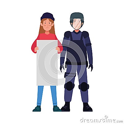 Riot police with activist characters Vector Illustration