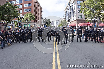 Riot police on Fifth Avenue in San Diego Editorial Stock Photo