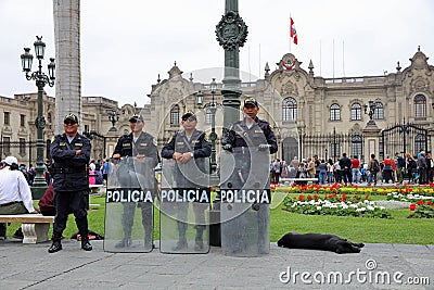 Riot Police in Front of the Government Palace in Lima. Peru Editorial Stock Photo