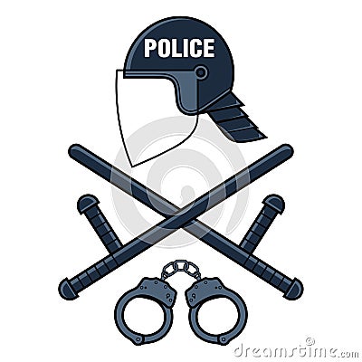 Riot police gear - helmet, handcuffs and rubber baton. Tools of violence. Vector Illustration