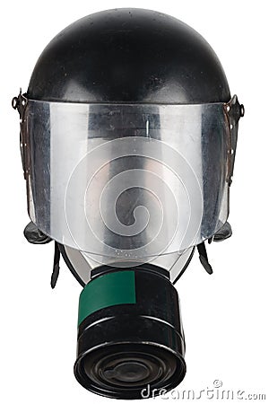Riot police helmet with protective glass and gas mask on manikin head Stock Photo