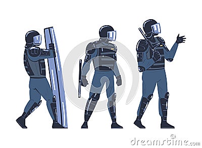 Riot Police Officer and Squad Member in Uniform and Helmet with Baton Fighting Vector Set Vector Illustration