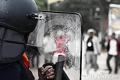 The riot police and protesters. Stock Photo