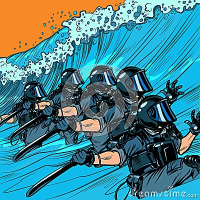 Riot police resist the wave. The concept of inevitability of democratic changes in authoritarian and totalitarian Vector Illustration