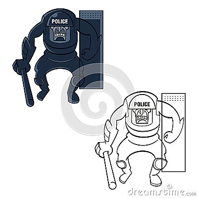 Riot police squad man figure, angry policeman, ready to fight against protesters and rebels. Vector Illustration