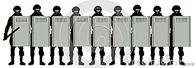 Riot squad crowd with shields. Police special forces with batons. Silhouette vector illustration Vector Illustration