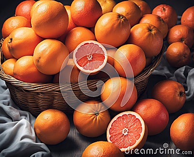 Ripe appetizing grapefruit fruits in an overflowing basket, AI Stock Photo