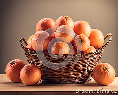 Ripe appetizing grapefruit fruits in an overflowing basket, AI Stock Photo