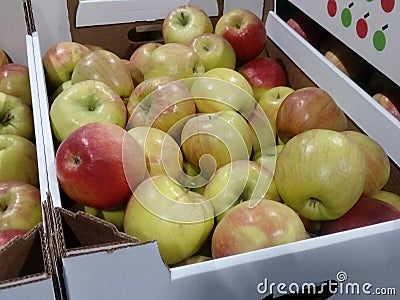 Apples in cardboard boxes for storage and transportation Stock Photo