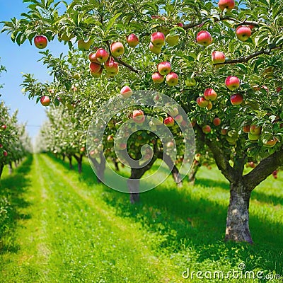 Ripe apples on green tree branch in organic apple orchard generated by Cartoon Illustration