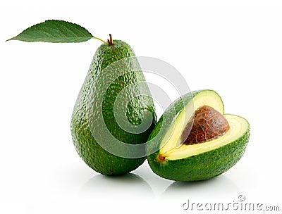 Ripe Avocado With Green Leaf Isolated on White Stock Photo