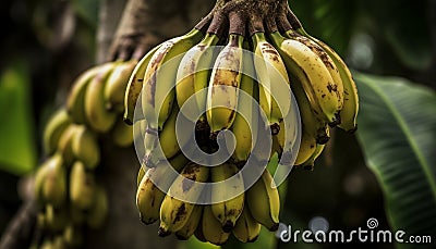 Ripe banana bunch hanging from green tree in tropical climate generated by AI Stock Photo