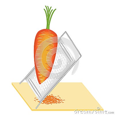 Ripe beautiful carrots. Vegetables grate on the grater. Preparation of tasty, healthy, healthy food. Vector illustration Cartoon Illustration