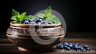 Ripe blueberries and fresh spearmint in clay bowl, rustically staged on wooden table Stock Photo