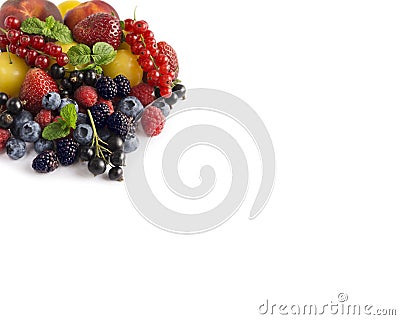 Ripe blueberries, raspberries, black currants, red currants, blackberries, strawberries, yellow plums and peaches on white backgr Stock Photo