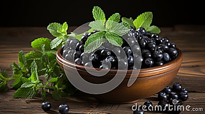 Ripe blueberries and spearmint in clay bowl on wood table, health and wellness concept Stock Photo