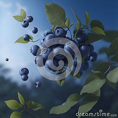 Ripe blueberry flying, falling fruit. Bilberry fruit with green leaves, fresh forest blueberry berries. Food and fruit drinks Stock Photo