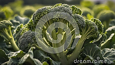 ripe broccoli the garden outdoors leaf nature cultivation harvest gardening nutrition Stock Photo