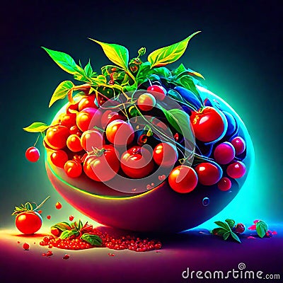 Ripe cherries in a bowl on a dark background. 3d rendering AI generated Stock Photo