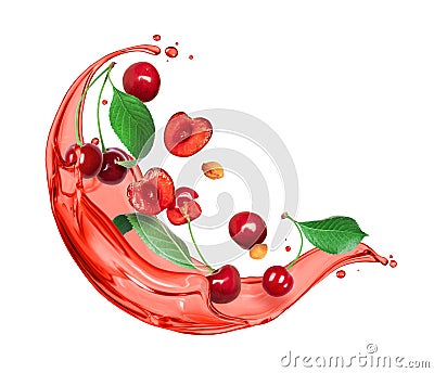 Ripe cherries with leaves in splashes of juice isolated on white background Stock Photo