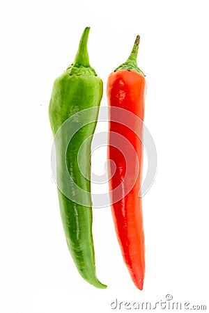 Ripe chili peppers red green pod parallel vegetables bright sharp on white background design background Stock Photo