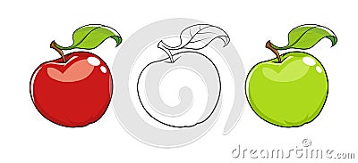 Ripe fresh apple with leaf. Set of vector illustration. White background. Red apple. Green fruits. Healthy food Vector Illustration